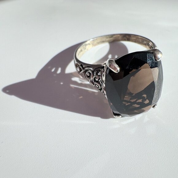 VTG Sterling Silver 925 Smoky Quartz Scroll Shoulders Statement Ring Size 8.75 - Picture 6 of 10